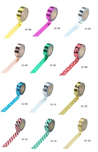 Metallic washi tape detail view, decorative masking tape rolls with various colors and patterns.