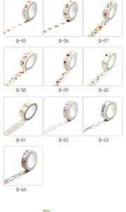 Decorative hot stamping washi tape detail showcase featuring various cute patterns and gold foil.