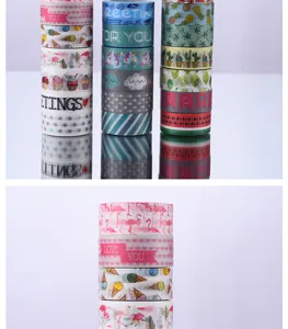 Detailed close-up of decorative washi tape rolls featuring cute patterns and English text.