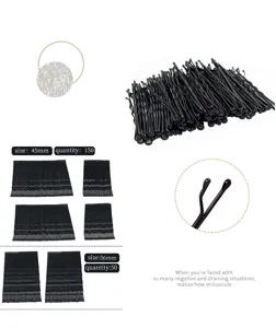 Detail view showing black wavy bobby pins in 45mm and 56mm sizes, 200 piece hair set
