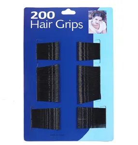 Pack of 200 professional black bobby pins for wave styling on blue storage card