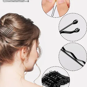 Black wavy bobby pins for secure hair styling, set of durable non-slip steel hair clips.