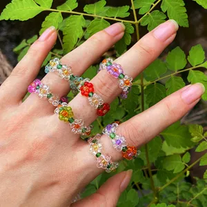 Handgemaakte Elastische Kristallen Kralen Bloemenringen Voor Vrouwen Kleurrijke Hars Kers Bloemenpatroon Ring Set Ins Stijl Sieraden