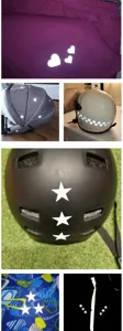 Detail view of DIY silver reflective heat transfer stickers, star and heart shapes for safety decor.