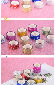 Glitter washi tape detail view, colorful adhesive craft tape rolls for DIY scrapbooking.