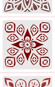 Mandala stencil detail featuring intricate geometric red hollow patterns for DIY painting projects.
