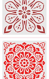 Detailed view of mandala hollow painting template, intricate red floral DIY drawing stencil.