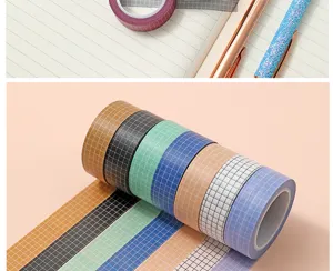 Grid washi tape detail shot showing colorful checkered adhesive rolls for journaling crafts.