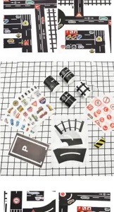 Kids DIY road tape set with traffic signs and cartoon car washi stickers for play.