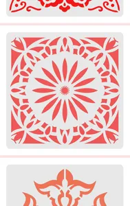 Mandala stencil detail view, hollow spray painting template for DIY furniture and album art.