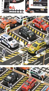 Detailed view of children DIY road tape set with toy cars and traffic signs for kids play.