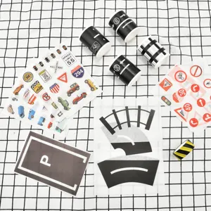Kids DIY road tape set with traffic signs and car washi stickers for educational creative play.
