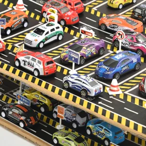 Kids multi-level parking garage toy set with die-cast alloy cars and traffic signs for fun play