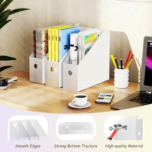 Plastic desktop file organizer and bookend storage box for office document sorting and neat desk.