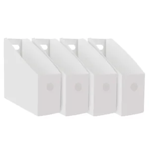 White desktop file organizer, plastic multi-compartment book holder for office storage.