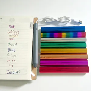 Hot stamping foil paper rolls kit with USB heating pen for DIY crafts and leather card making.