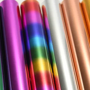 Hot stamping foil rolls for DIY craft, metallic rainbow transfer film in close-up view.