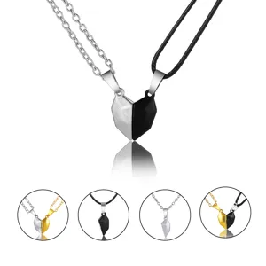Magnetic Heart Pendant Necklace For Couples Zinc Alloy Black White Wishing Stone Matching Relationship Necklace Jewelry Set