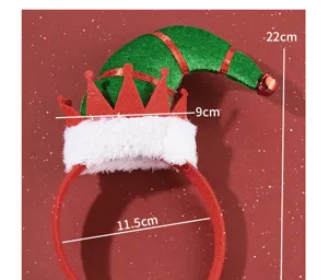 Detailed view of Christmas elf hat headband with dimensions: 22cm height, 11.5cm width.