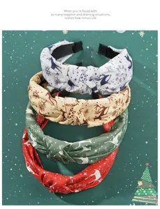 Stacked set of four festive Christmas fabric headbands with reindeer and snowflake patterns.