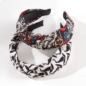 Halloween Wizard Hat Rose Skull Print Knotted Headband Gothic Fabric Twisted Hairband Festive Hair Accessories For Women