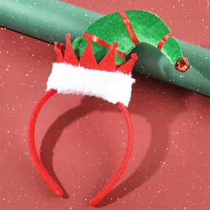 Festive green elf hat headband with red crown and white plush trim for holiday party.