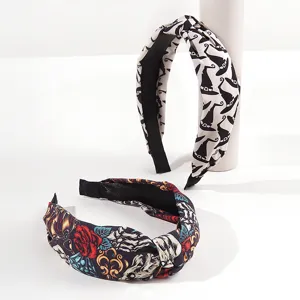 Halloween knotted headbands with witch hat and rose skull prints for women