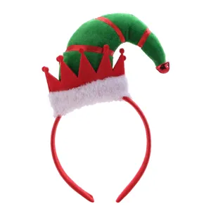 Festive green and red elf hat headband featuring a crown and bell for holiday party