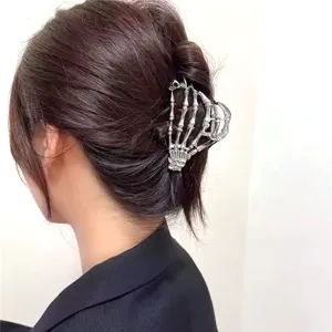 Silver skeleton hand hair claw clip for women's Halloween hairstyles