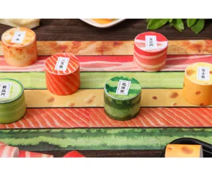 Detail shot of creative food pattern washi tape rolls featuring cute salmon and cheese designs.