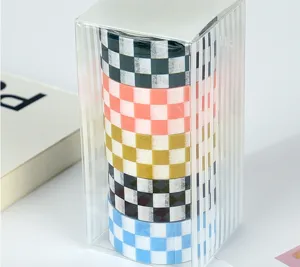 5-roll boxed checkerboard washi tape set, colorful square grid decorative DIY masking tapes.