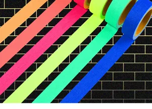 Neon fluorescent cloth tape detail shot showing vibrant multi-color glowing tape rolls.