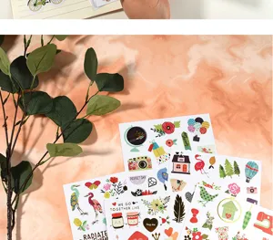 Gold stamping flat decorative stickers detail, cute cartoon plants and animals designs for DIY.
