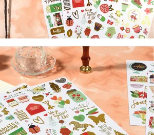Decorative foil stamping flat sticker sheets, cute cartoon and floral DIY journal stationery items.