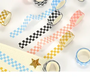Checkered washi tape set, colorful square grid decorative adhesive tape for DIY journal planning.