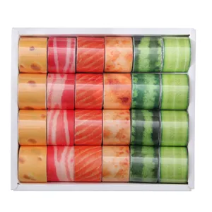 Cute food pattern washi tape set in a box, perfect for DIY journaling and stationery decor.
