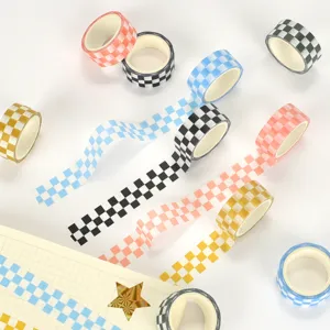 Colorful checkered washi tape set for DIY journaling and crafts, featuring various grid patterns.
