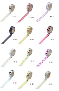 Detailed view of foil washi tape rolls featuring various dot and stripe patterns for journals.