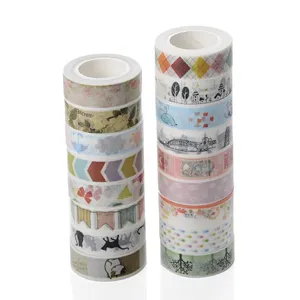 Set di nastro adesivo Washi decorativo con vari motivi carini, stili vintage e nastri colorati.