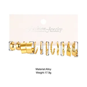 6-piece set of gold C-shaped hoop earrings with size details and alloy material info