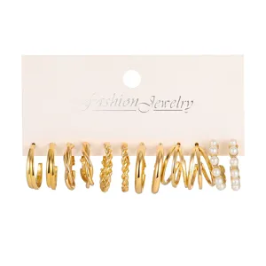 Set of 6 gold metal hoop earrings including twisted rope, triple layers and faux pearls