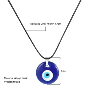 Detailed view of the blue Evil Eye resin pendant necklace with dimensions and specs