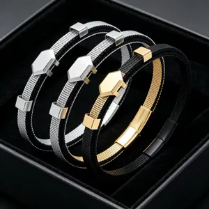 Detail shot of men stainless steel mesh bracelet with hexagon charm and magnetic clasp.
