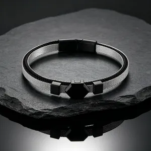 Stainless steel men's mesh bracelet with hexagonal centerpiece and magnetic clasp.