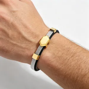 Men's titanium steel double layer bracelet with hexagonal accent and mesh strap detail.