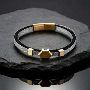 Men's titanium steel mesh bracelet with magnetic clasp and hexagonal metal accent piece.