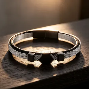 Stainless steel men's bracelet with black hexagonal charm and magnetic mesh strap.