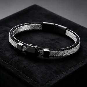 Men's Stainless Steel Mesh Chain Bracelet Black Hexagon Magnetic Clasp Modern Jewelry