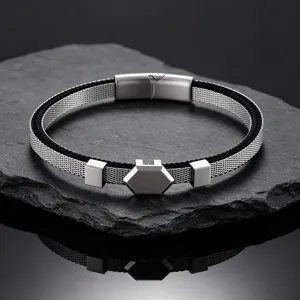 Men's Stainless Steel Business Commute Bracelet Titanium Steel Double Layer Mesh Strap Hexagonal Plate Magnetic Clasp Fashion Jewelry