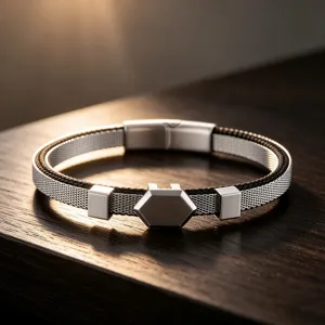 Detailed close-up view of the stainless steel hexagonal plate mesh men's bracelet.